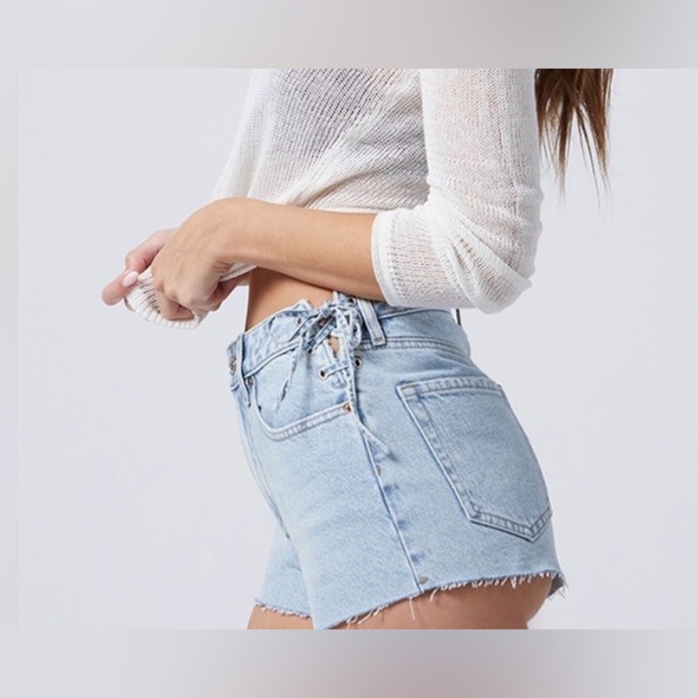 Pac Sun Festival High-Rise Lace-Up Light Blue Denim Shorts